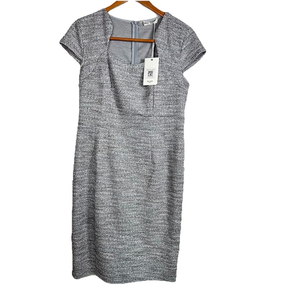 NWT Grace Karin Tweed Wrap Dress L Silver 3/4 Sleeve Vintage Waist Defined